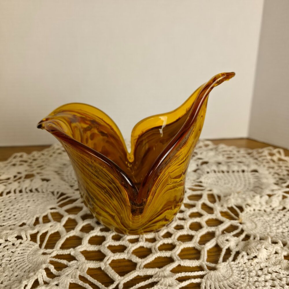 Murano-Style Amber Art Glass Tulip Vase Bowl | Hand Blown Italy